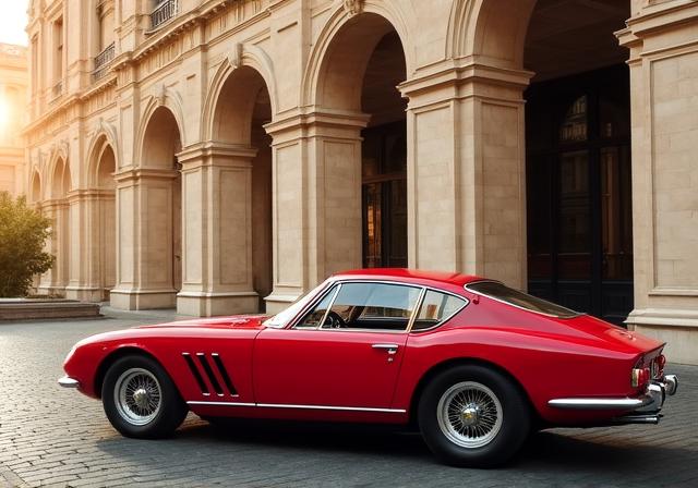 Auto d'epoca davanti a un'architettura storica romana